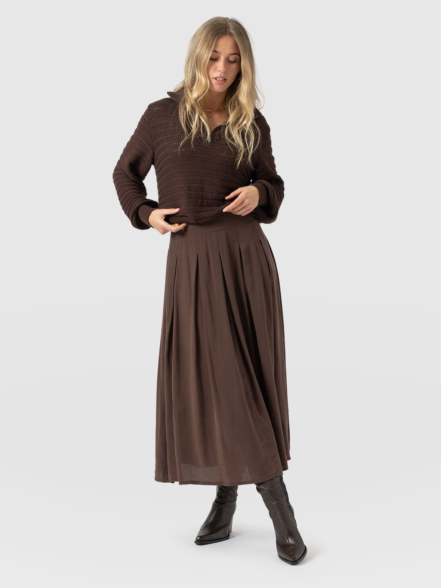 Eliza Pleated Skirt - Brown